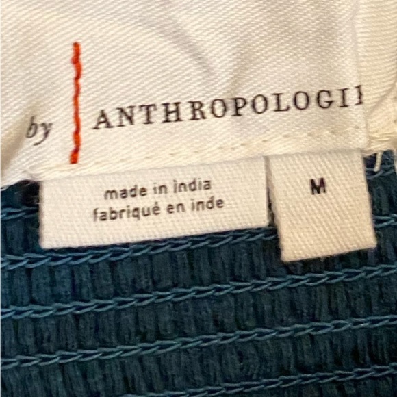 Anthropologie Boho Teal Embroidered Smocked Blouse with Puff Sleeves size Medium - Picture 5 of 10